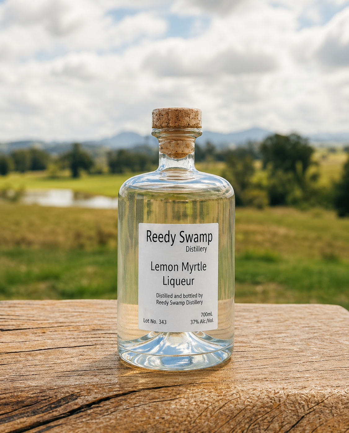 Bottle of Reedy Swamp Distillery Lemon Myrtle Liqueur on a wooden surface with a scenic Bega Valley background