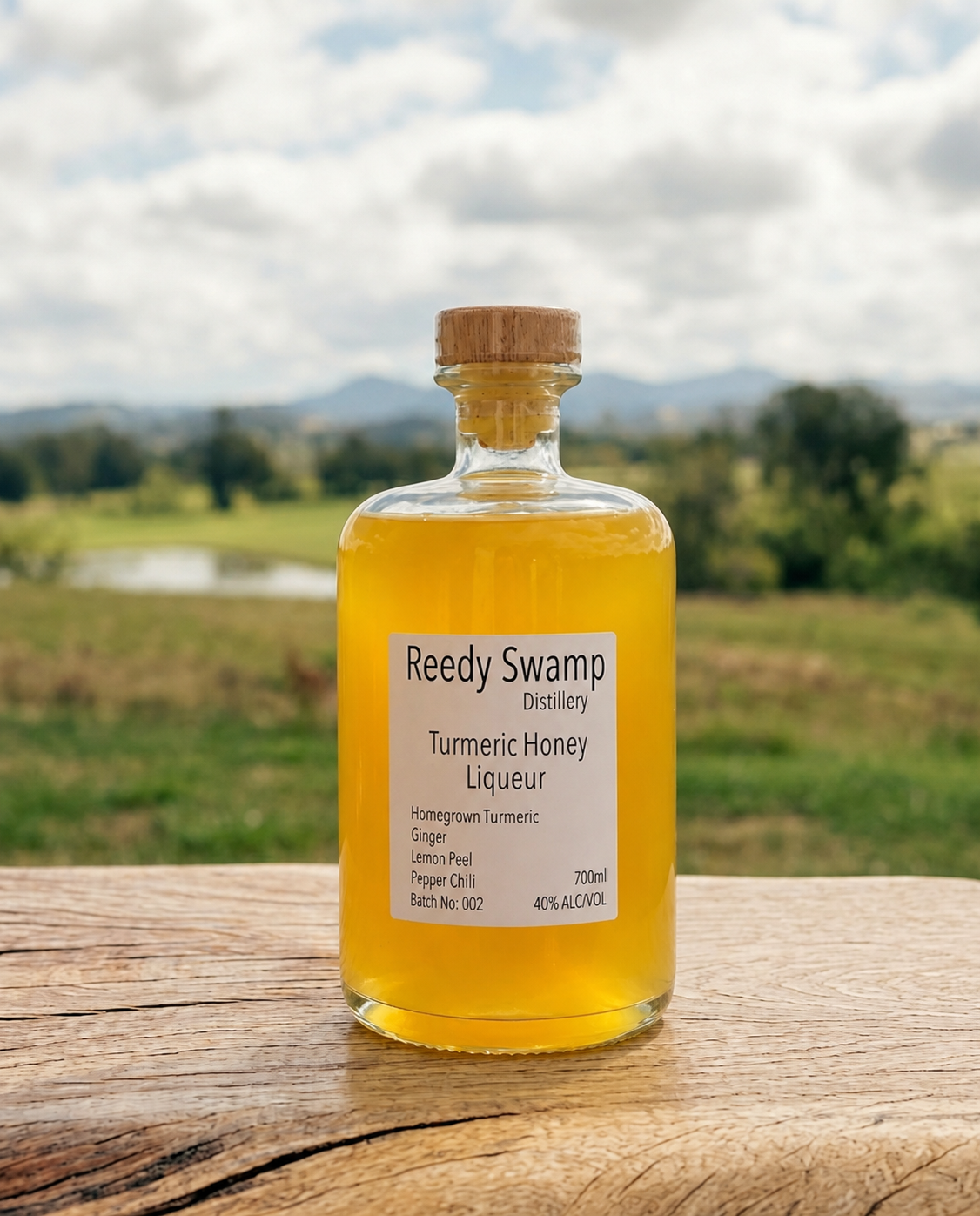 Bottle of Reedy Swamp Turmeric Honey Liqueur on a wooden bench in a scenic Bega Valley landscape